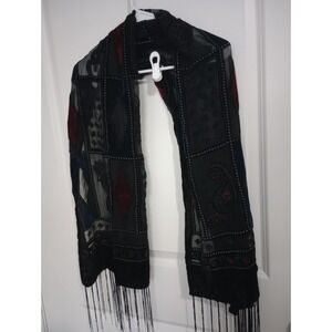 Black Silk Blend Scarf 20 x 60 Sheer Patchwork Paisley Fringe